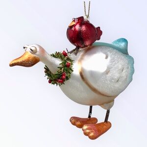 Holiday Cardinal & Goose Christmas Glass Ornament Red & White Accents